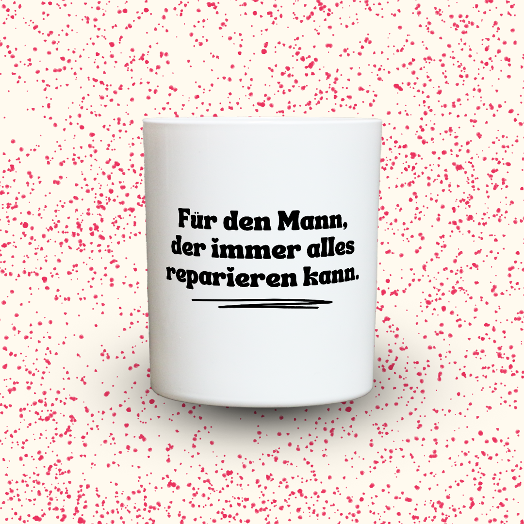 Duftkerze „Für den Mann, der immer alles reparieren kann.“ von Kerzen der Herzen, Sojawachs im Glas