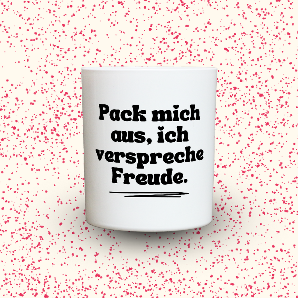 Duftkerze „Pack mich aus, ich verspreche Freude.“ von Kerzen der Herzen, Sojawachs im Glas