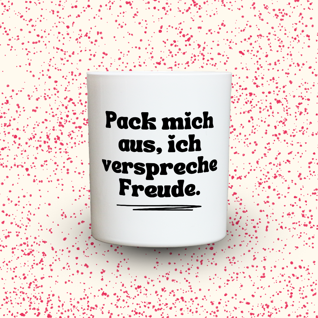 Duftkerze „Pack mich aus, ich verspreche Freude.“ von Kerzen der Herzen, Sojawachs im Glas