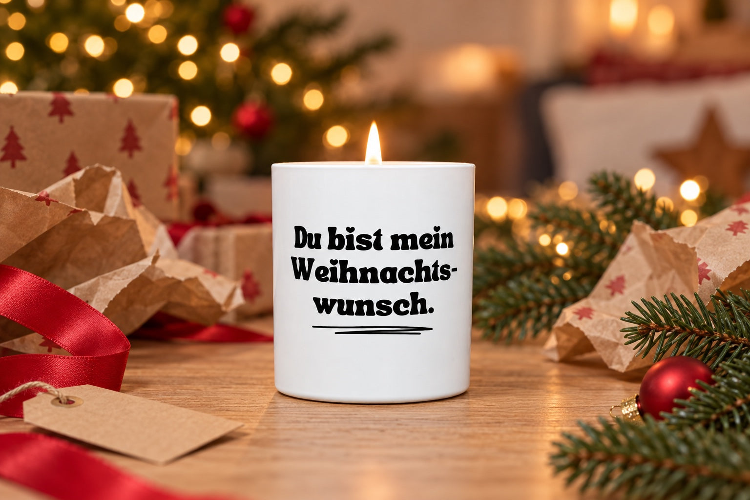 Duftkerze „Du bist mein Weihnachtswunsch.“ als Weihnachtsgeschenk zwischen Geschenkpapier und roter Schleife
