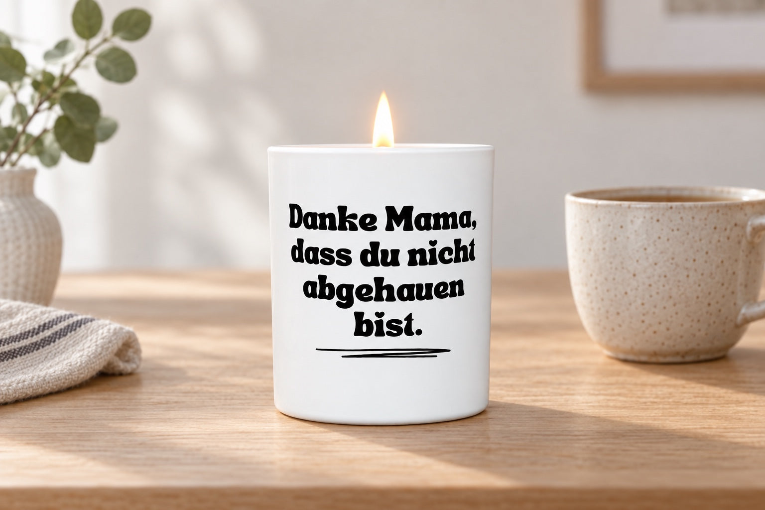 Muttertagsgeschenk: Duftkerze mit Spruch „Danke Mama, dass du nicht abgehauen bist.“