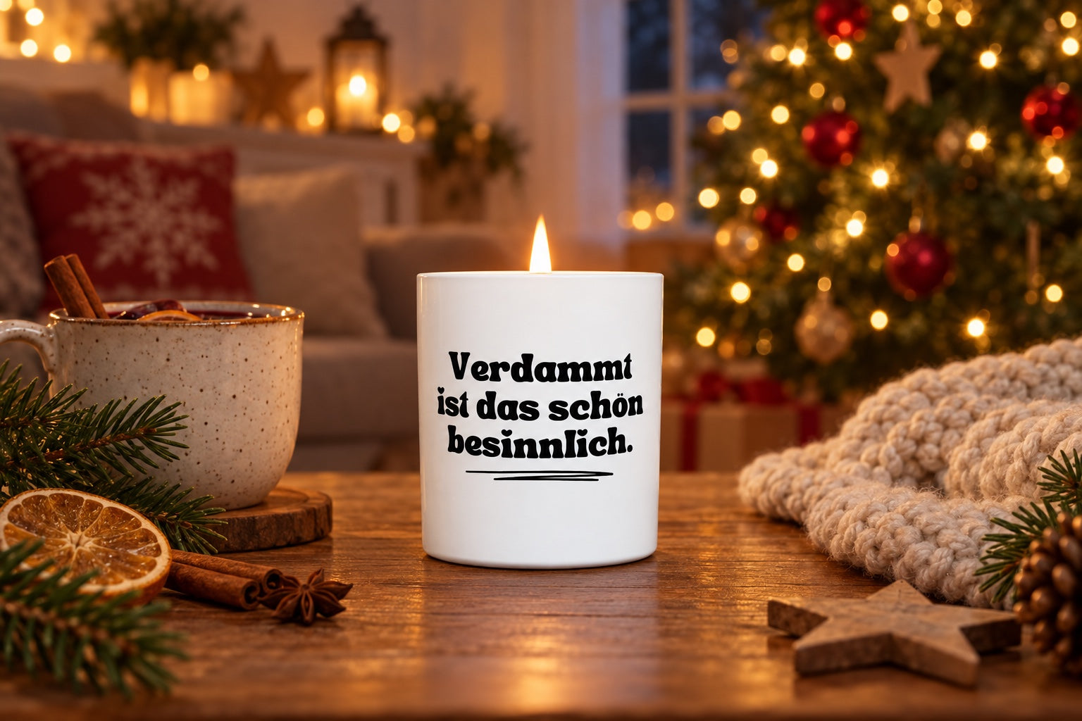 Weihnachtskerze mit Spruch „Verdammt ist das schön besinnlich.“ brennt neben Glühwein und Tannenzweigen